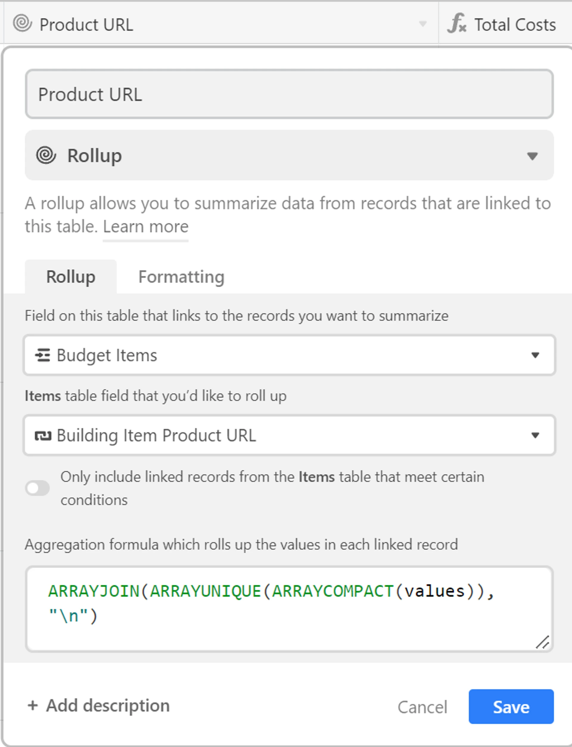 Rollup field formula example