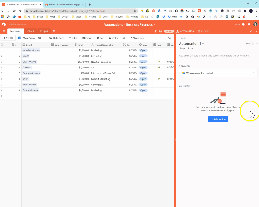 New Invoice - Status and Tax - add action
