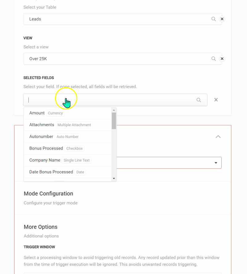 add select fields and date trigger mode - 25k trigger