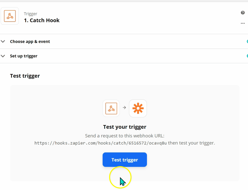 Set up webhook in Zapier - YES test trigger