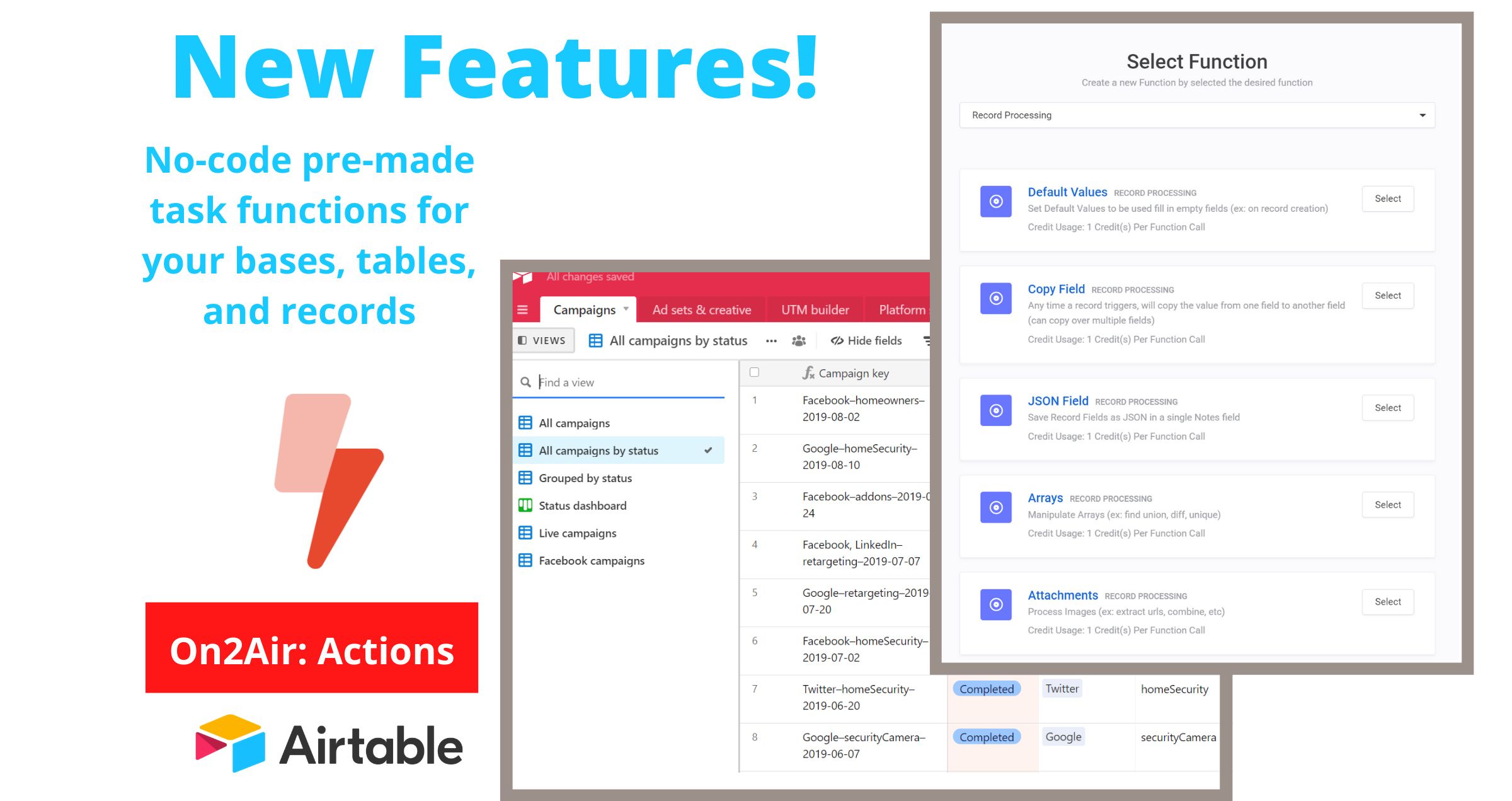 New Features! On2Air Actions Now Has Pre-Made Tasks for Setting Default Values, Using Financial Formulas, and Many More