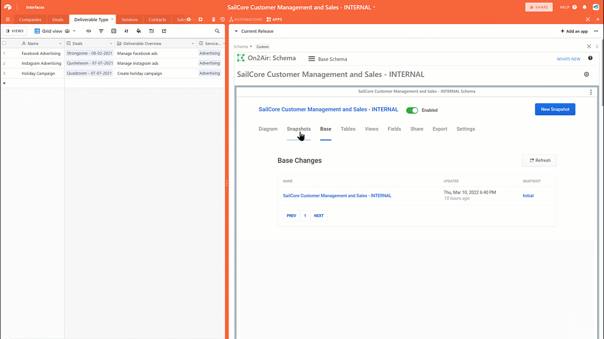 view actual changes in a field in a snapshot_schema On2Air