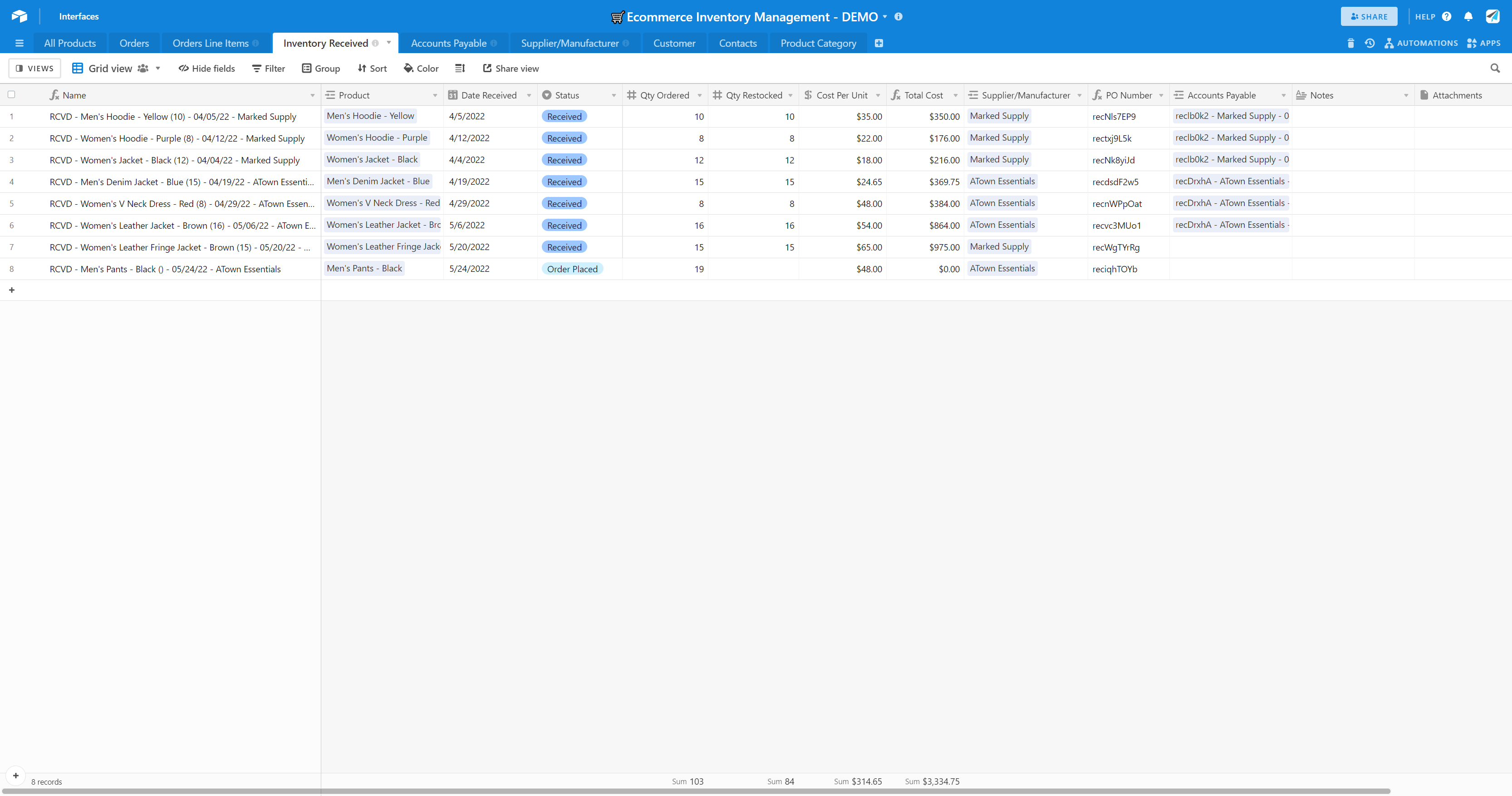 ecommerce airtable inventory