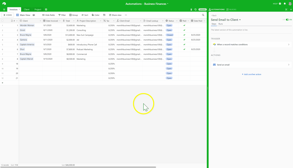 GIF FINAL RESULT - Airtable Automation - Invoice Paid - Email Client