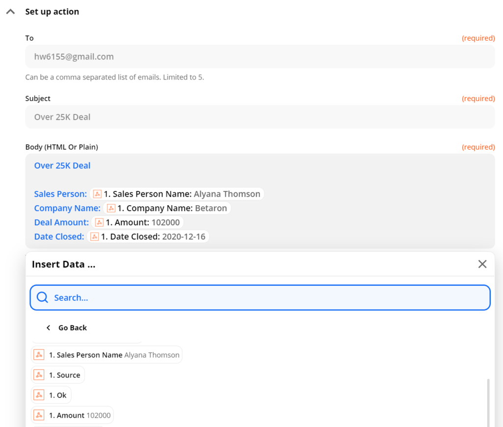 Zapier action - email body