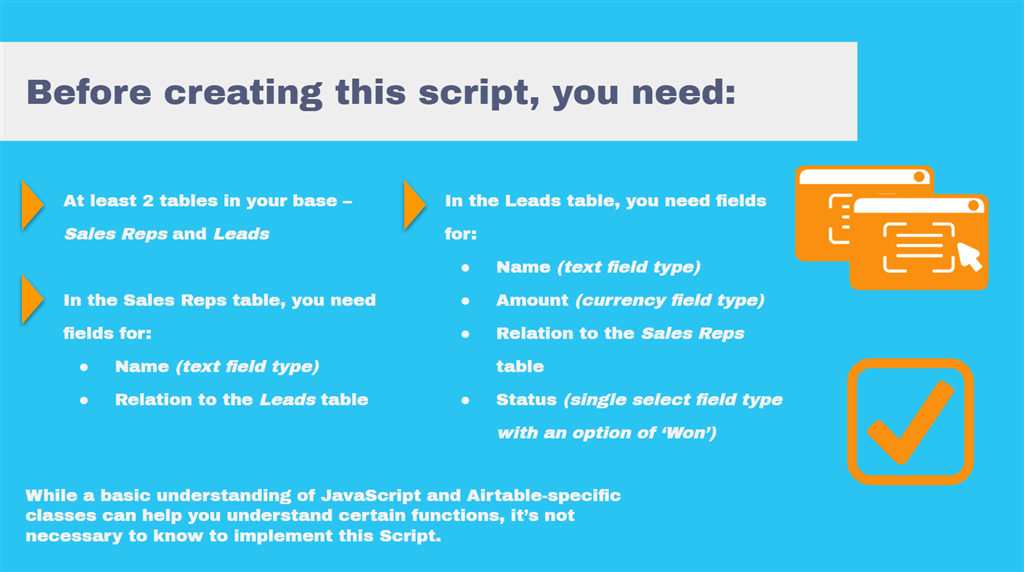 before creating script - tables and fields eeded