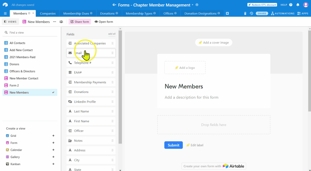 create a form add fields to the form pilot club