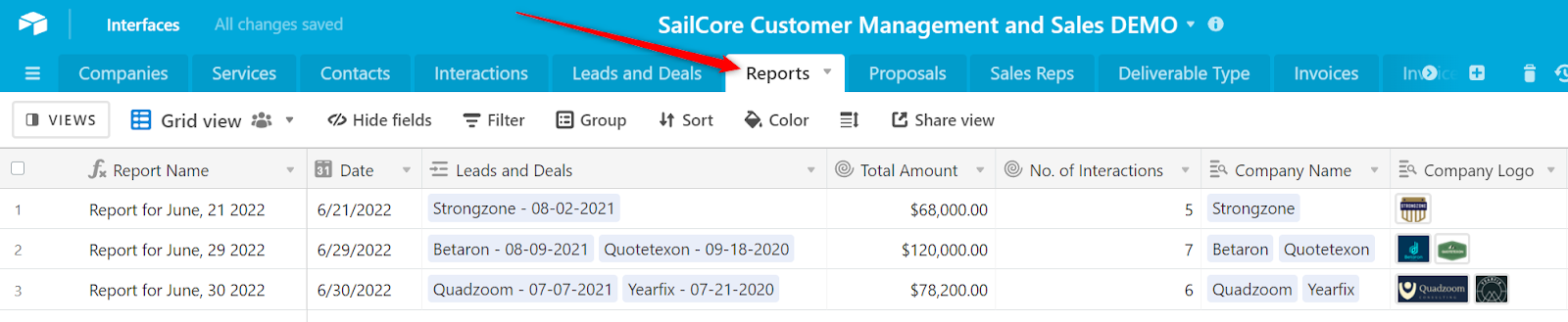 display of an Airtable base table called Reports