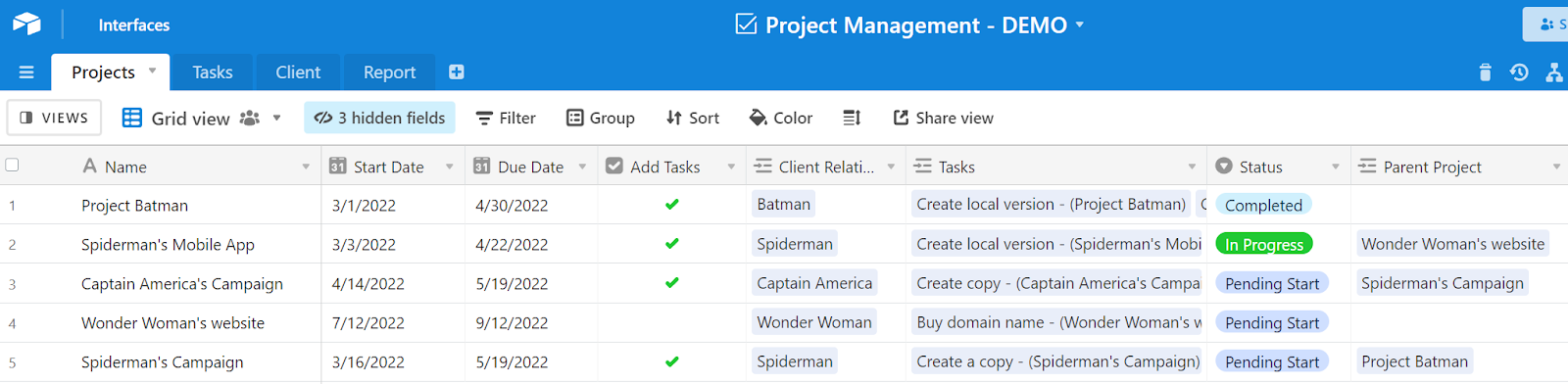 a project management Airtable base