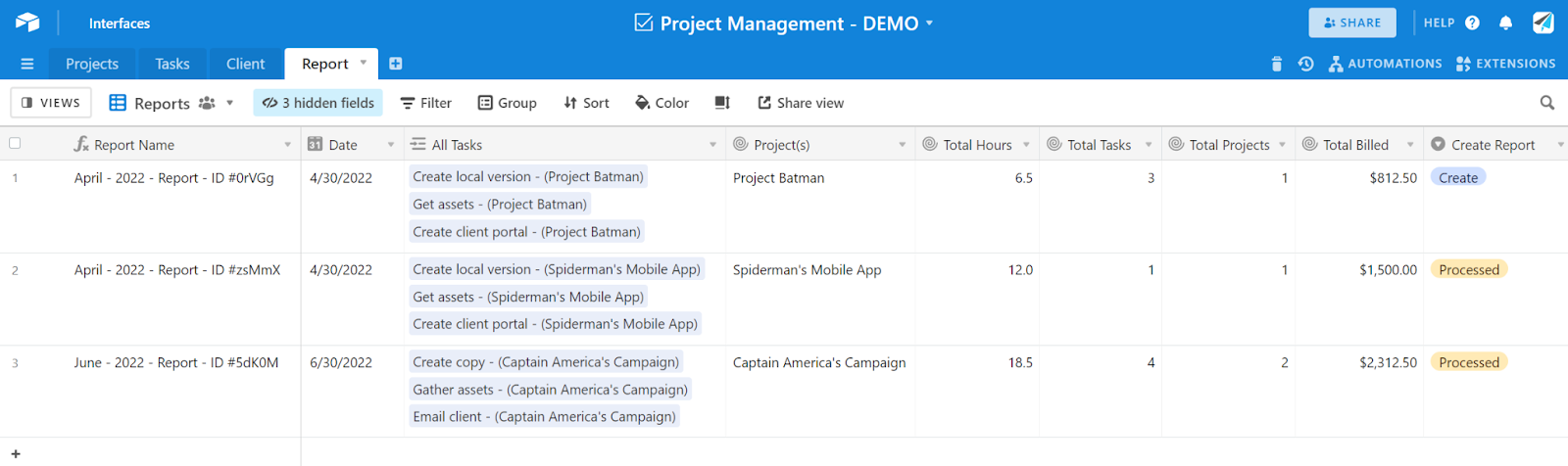 a Report table in Airtable