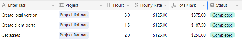 a Tasks table in Airtable that showcases Formula, currency, and number fields