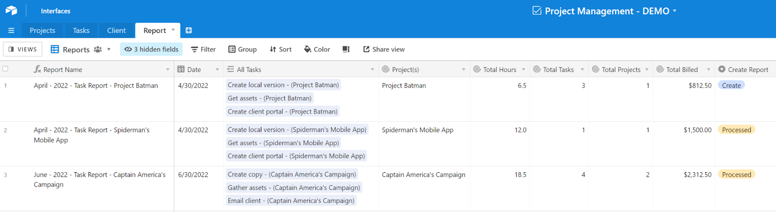 a Reports table in Airtable showcasing the Tasks